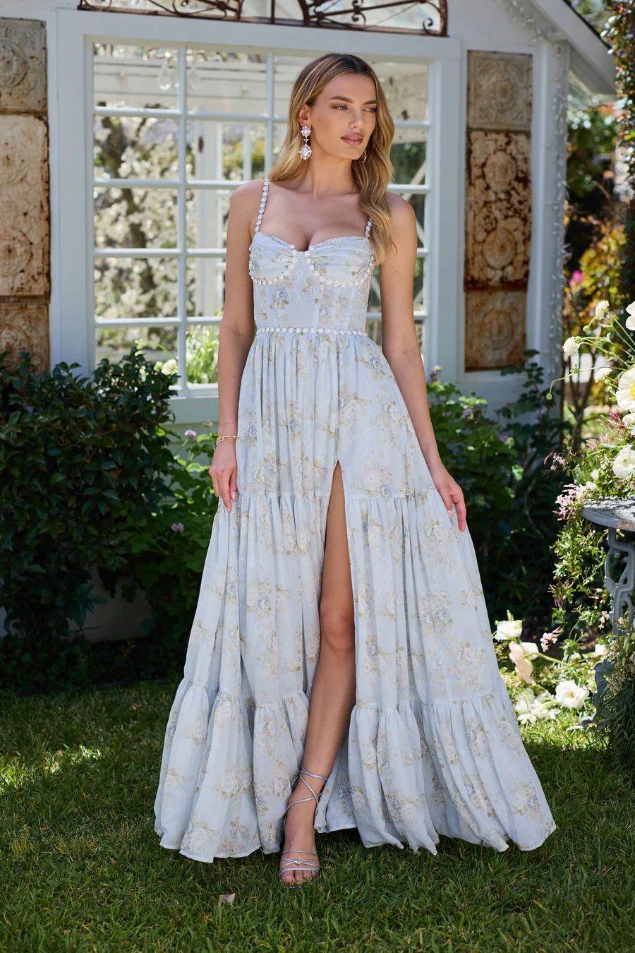 Long Seaside Vacation Style Backless Dress Floral Skirt Blue