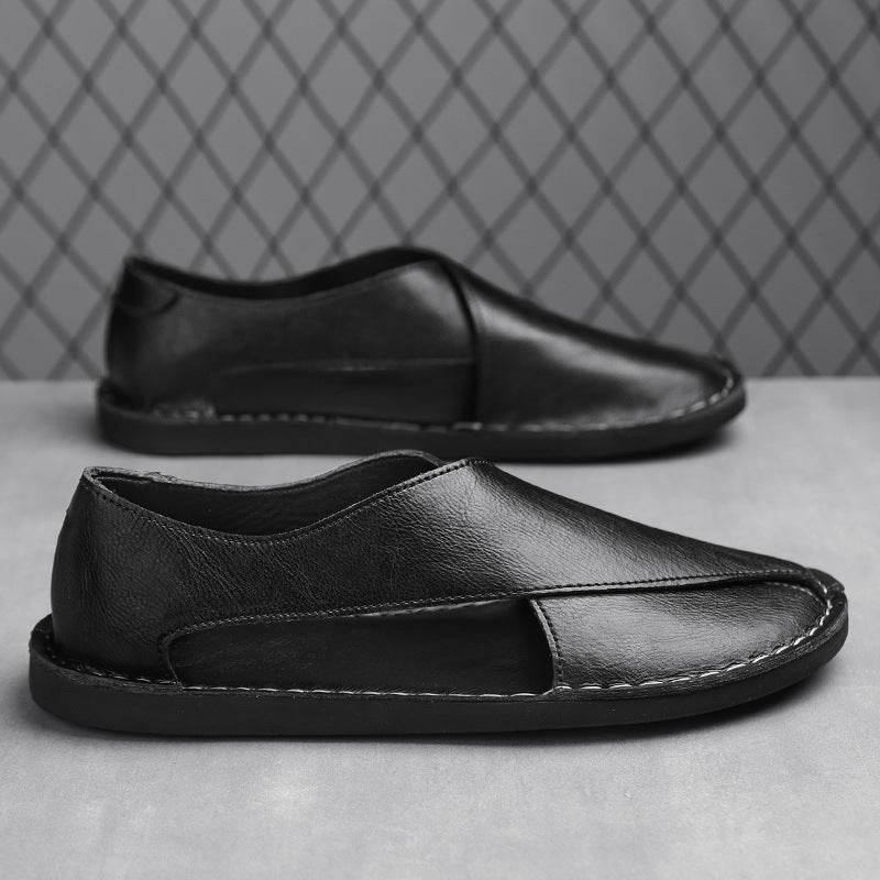 Genuine Leather Breathable One Pedal Beach Sandals Black