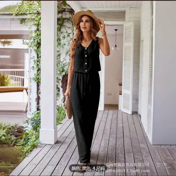 Elegant Women's Suit V-neck Vest Loose Wide Leg Pants Black