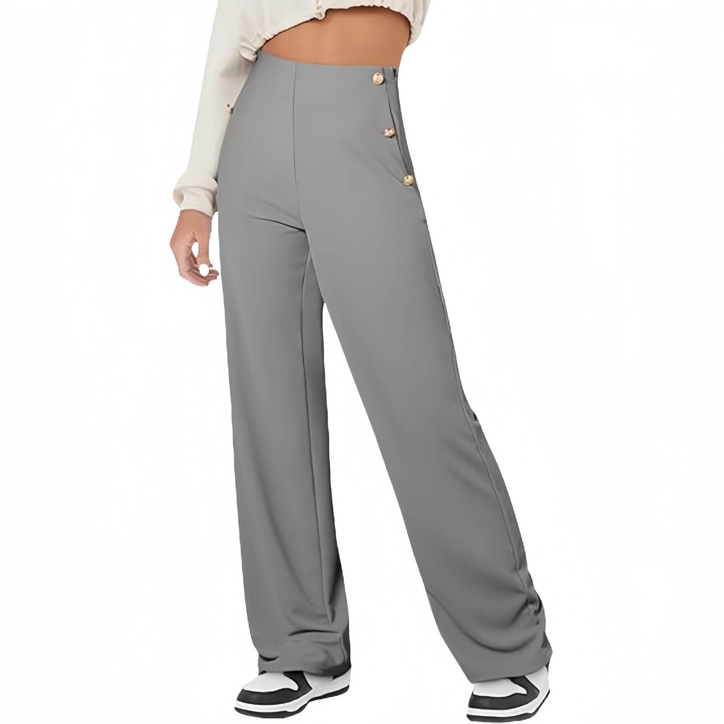 Women's Casual Straight Pants High Waist Button Gray