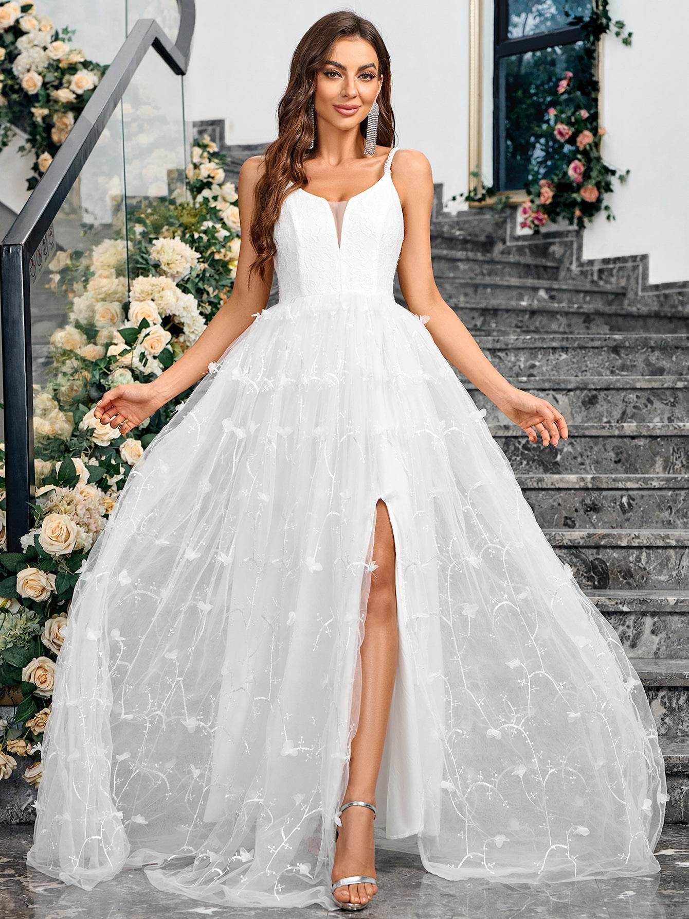 V-neck Slingback Solid Color Elegant Dress White