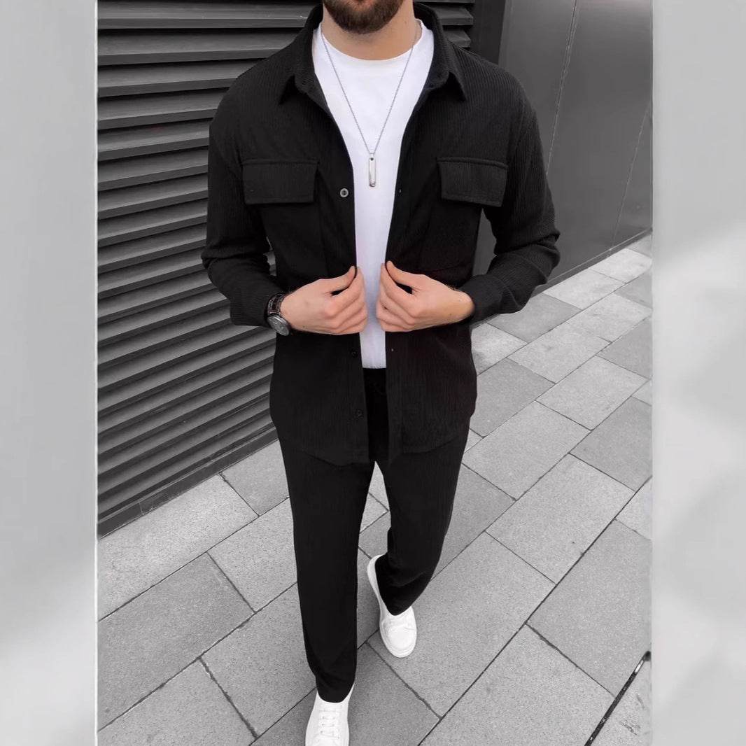 Men's Corduroy Long Sleeve Lapel Shirt Trousers Daily Casual Suit