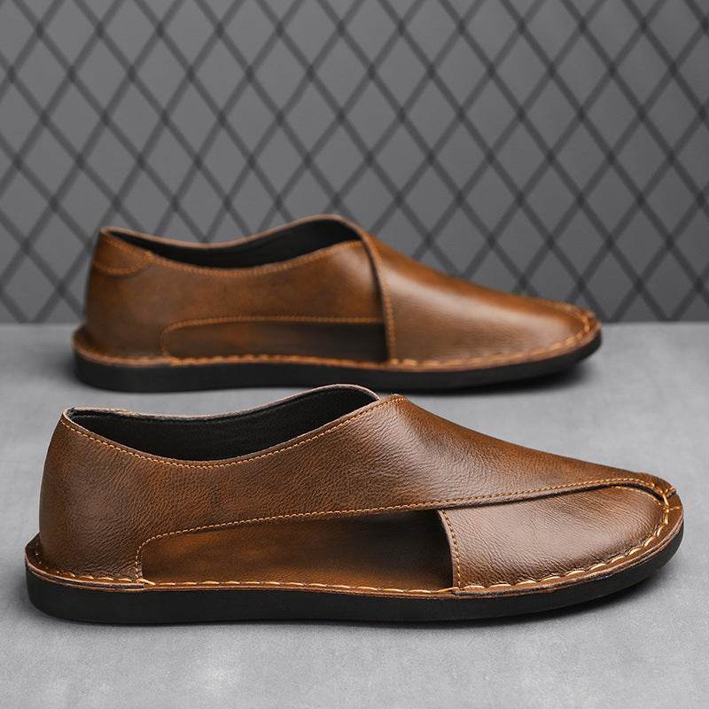 Genuine Leather Breathable One Pedal Beach Sandals Brown