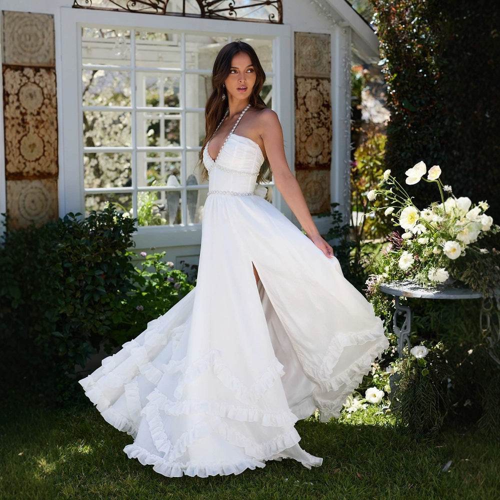 Women's French Romantic Strap Halter White Dress White
