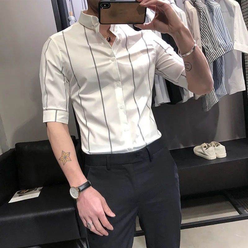 Men's Striped British-style Slim-fit Short-sleeved Shirt White Half Sleeve