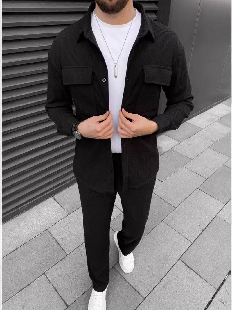 Men's Corduroy Long Sleeve Lapel Shirt Trousers Daily Casual Suit Black