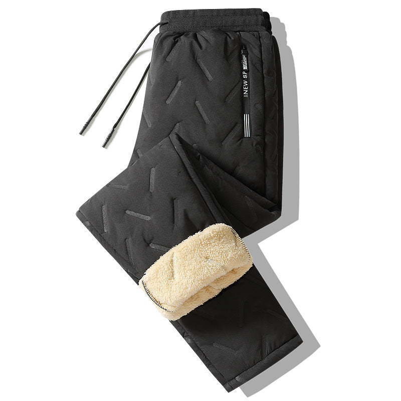 Winter Sweatwear Men Plush Thick Fleece Sweatpant Lambswool Thermal Trousers Casual Pants Waterproof Windproof Warm Cotton Pants Black straight tube