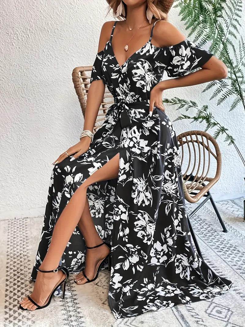 Ins Off-Shoulder Split Dress Summer Floral Print Suspender Long Dresses With Belt Design Women's Beach Clothing Black
