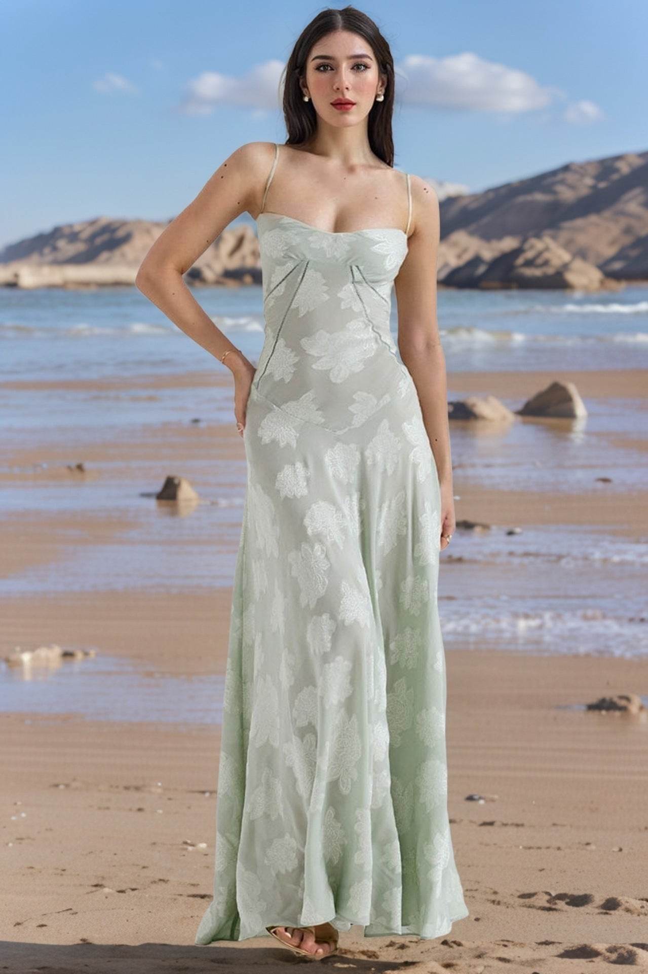 Sexy Flowers Lace Suspender Dress Summer Fashion Slim Back Lace-up Long Dresses Party Evening Club Clothing For Women Green