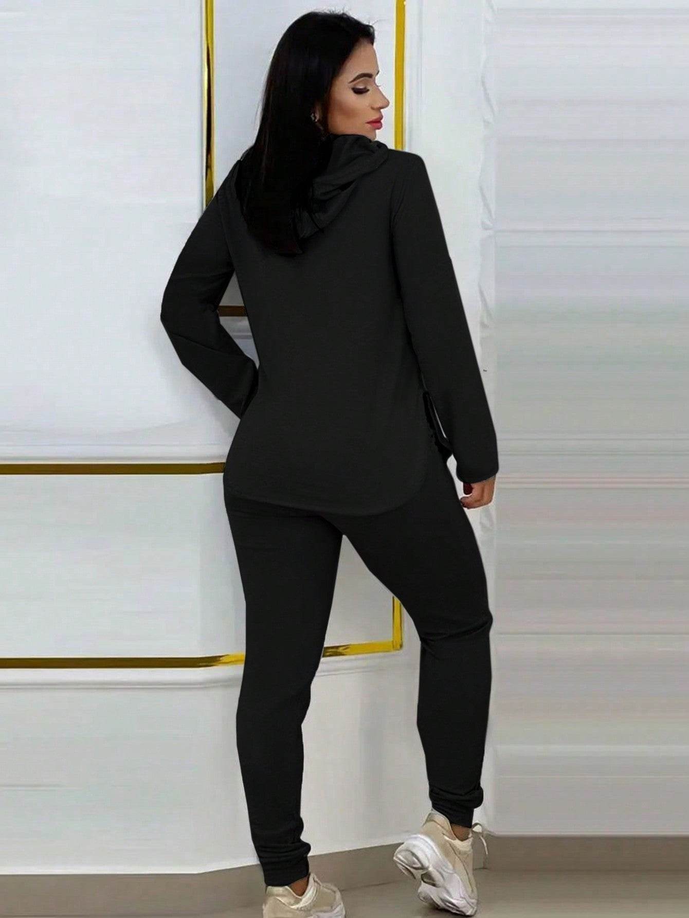 2pcs Set Women Solid Color Drawstring Hooded Long Sleeve Top And Pants Casual Suit - La Gaelliance DG ESsence