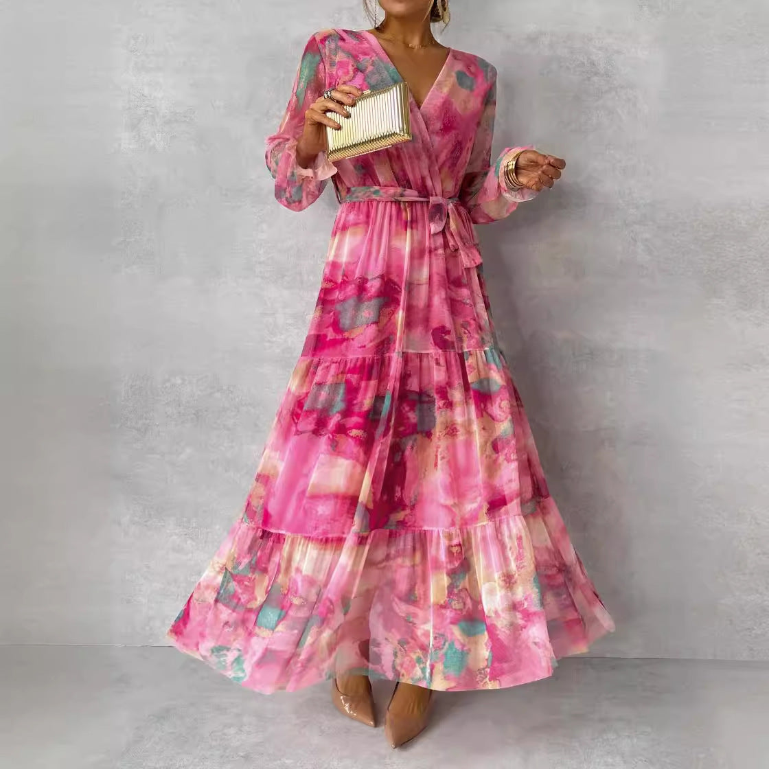 Long-sleeved Floral Print Dress Elegant V-neck Pleated High-waisted Big Swing Chiffon Maxi Dresses For Women Clothing Rose Red