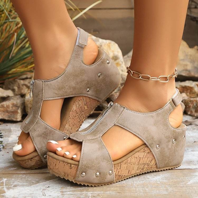 Summer Zipper Wedges Sandals Women's Lightweight Height Increasing Shoes Fashion Casual Sandals Beige