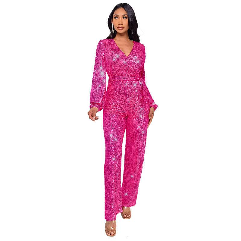 High Waist Wide Leg Sequined Belt Jumpsuit Rose Red