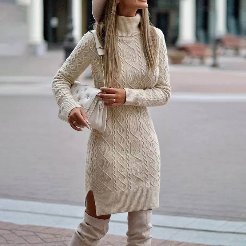Fashion Turtleneck Knitted Dress With Slit Design Winter Warm Solid Color Pullover Long Sweater Women's Clothing Beige