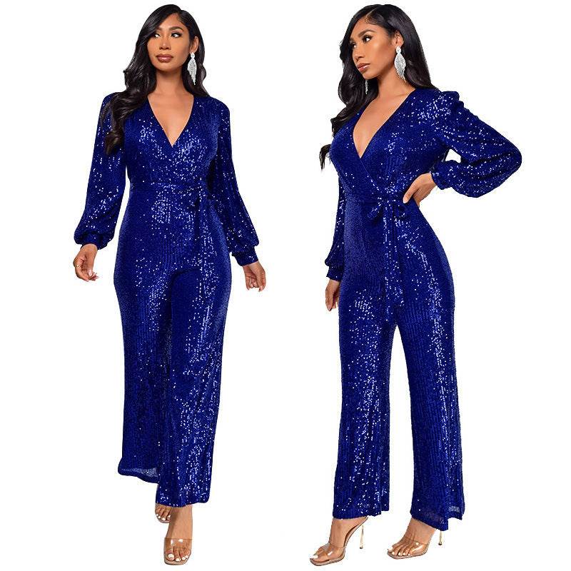 High Waist Wide Leg Sequined Belt Jumpsuit