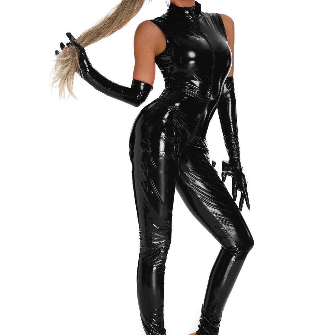 Zipper Crotch Nightclub One-piece Leather Coat Black