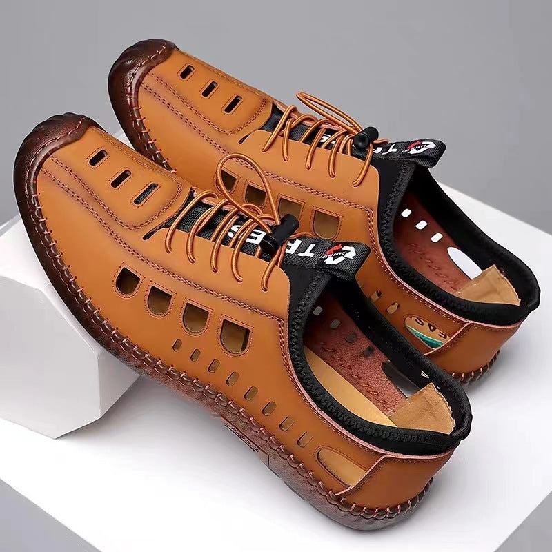 Men's Sandals Hollow Leather Soft Bottom Hole Shoes Brown Jelly Bottom