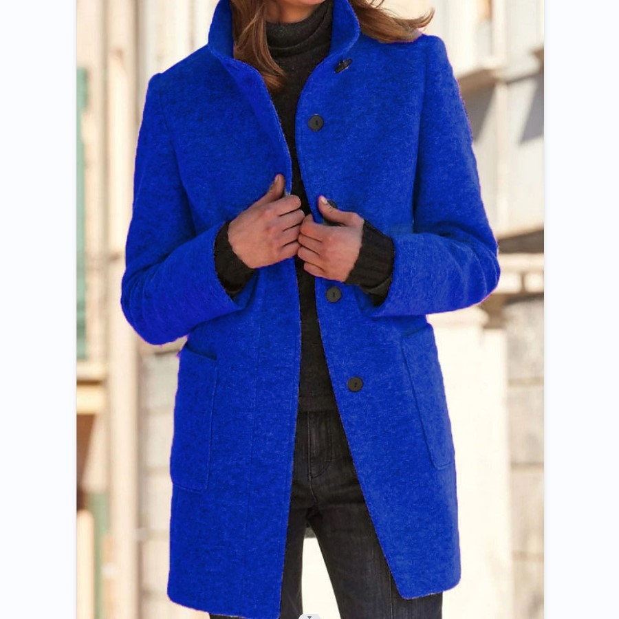 Fashion Stand Collar Woolen Coat With Pockets Fall Winter Casual Button Outwear For Women Clothing Dark Blue