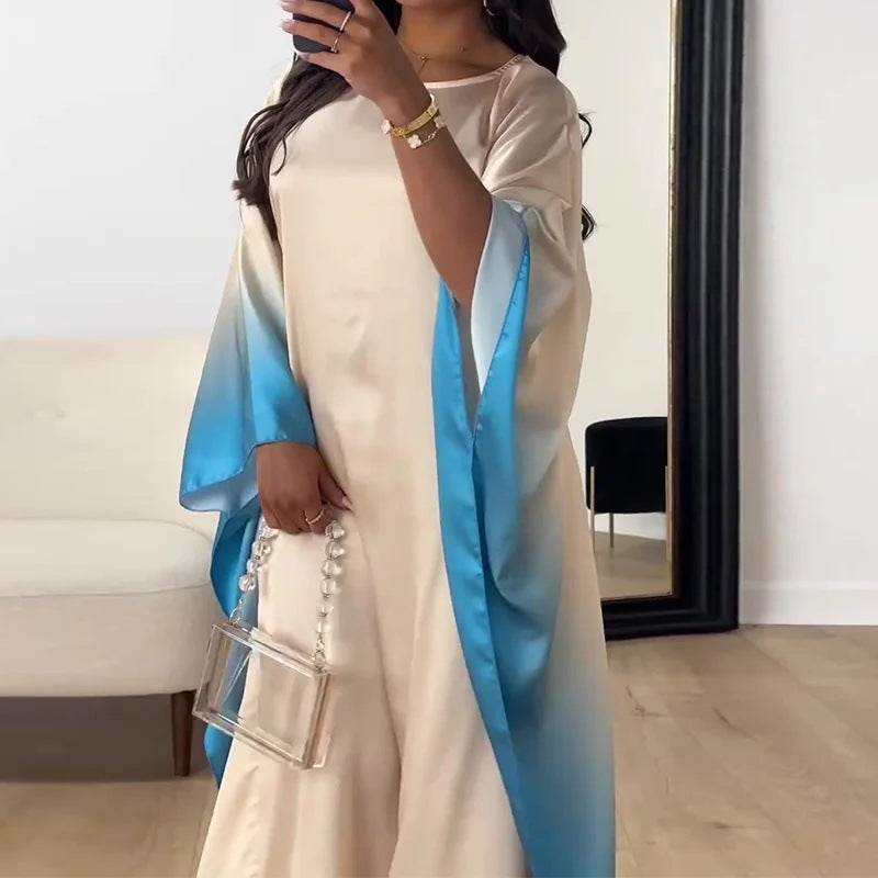 Ethnic Tribe Long Sleeve Printed Maxi Dress Light Khaki Stitching Blue