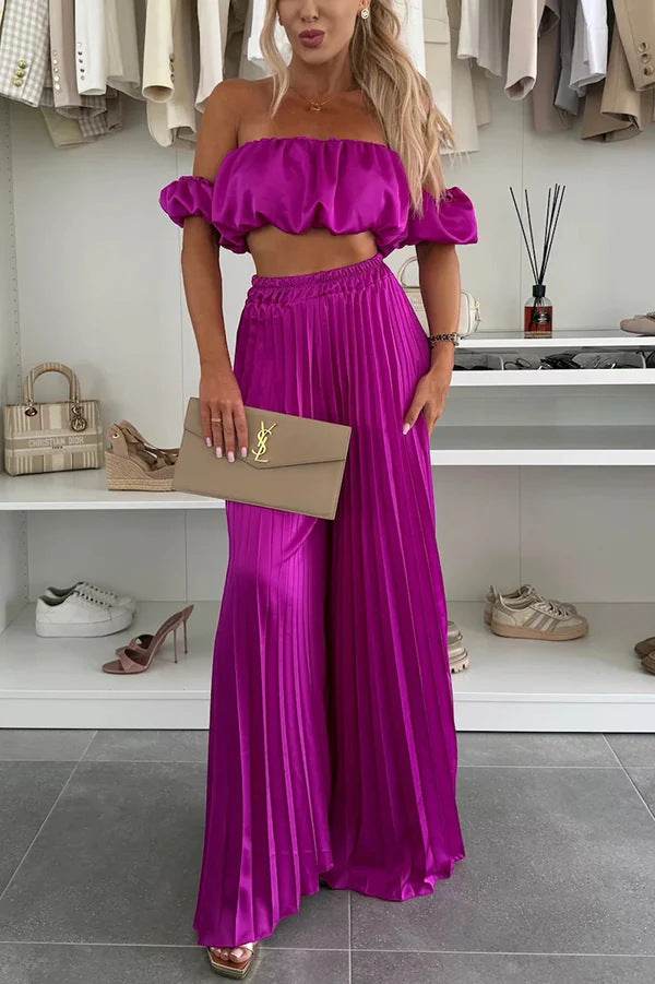 Women's Fashion Satin Tube Top Wide Leg Pants Suit Rose Red