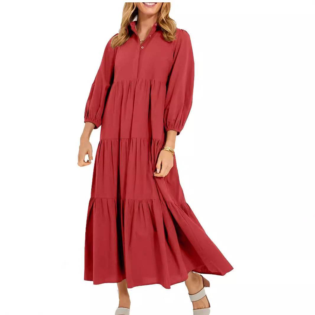 New Button Lapel Fashion Pullover High Waist Casual Dress Ladies