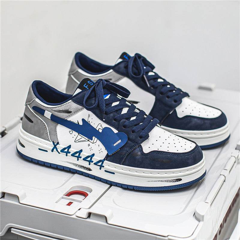 Distressed Graffiti Skateboard Shoes Men's Sneakers White Dark Blue