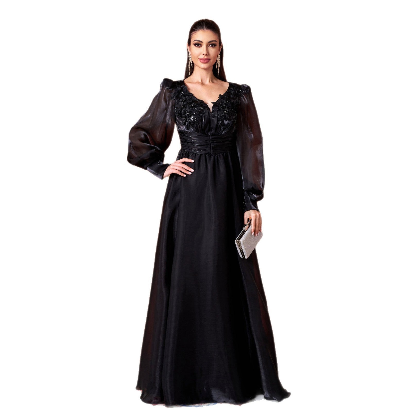 Elegant Long Sleeve V-neck Lace Banquet Swing Evening Dress
