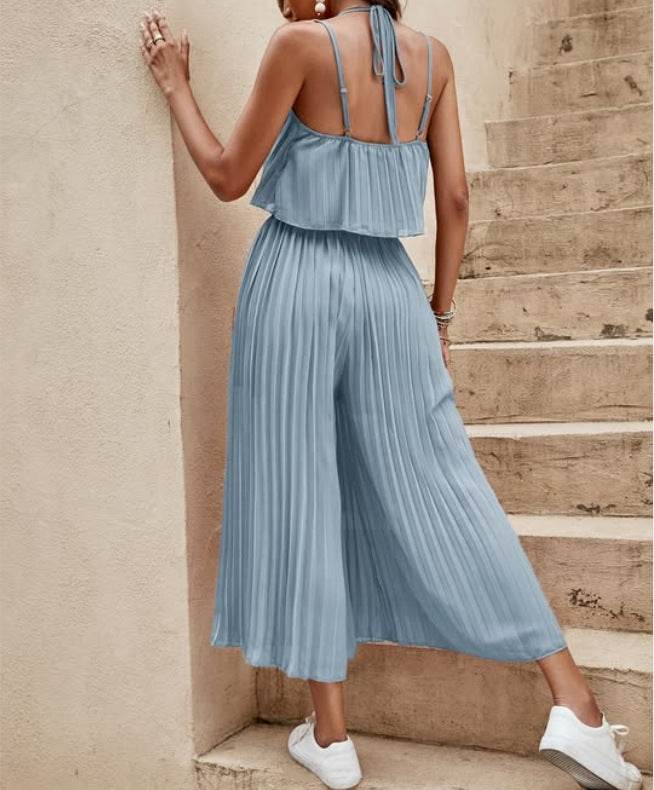 Women's Summer Solid Color Vacation Loose Suit Strap Backless Thin Romper Streetwear INS One-Piece Outfit Beach Style Striped Wide Leg Trousers Casual Suit Sky Blue