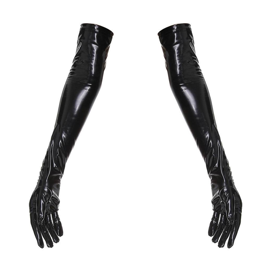 Shiny Patent Leather Mirror One-piece Leather Coat For Women Black gloves