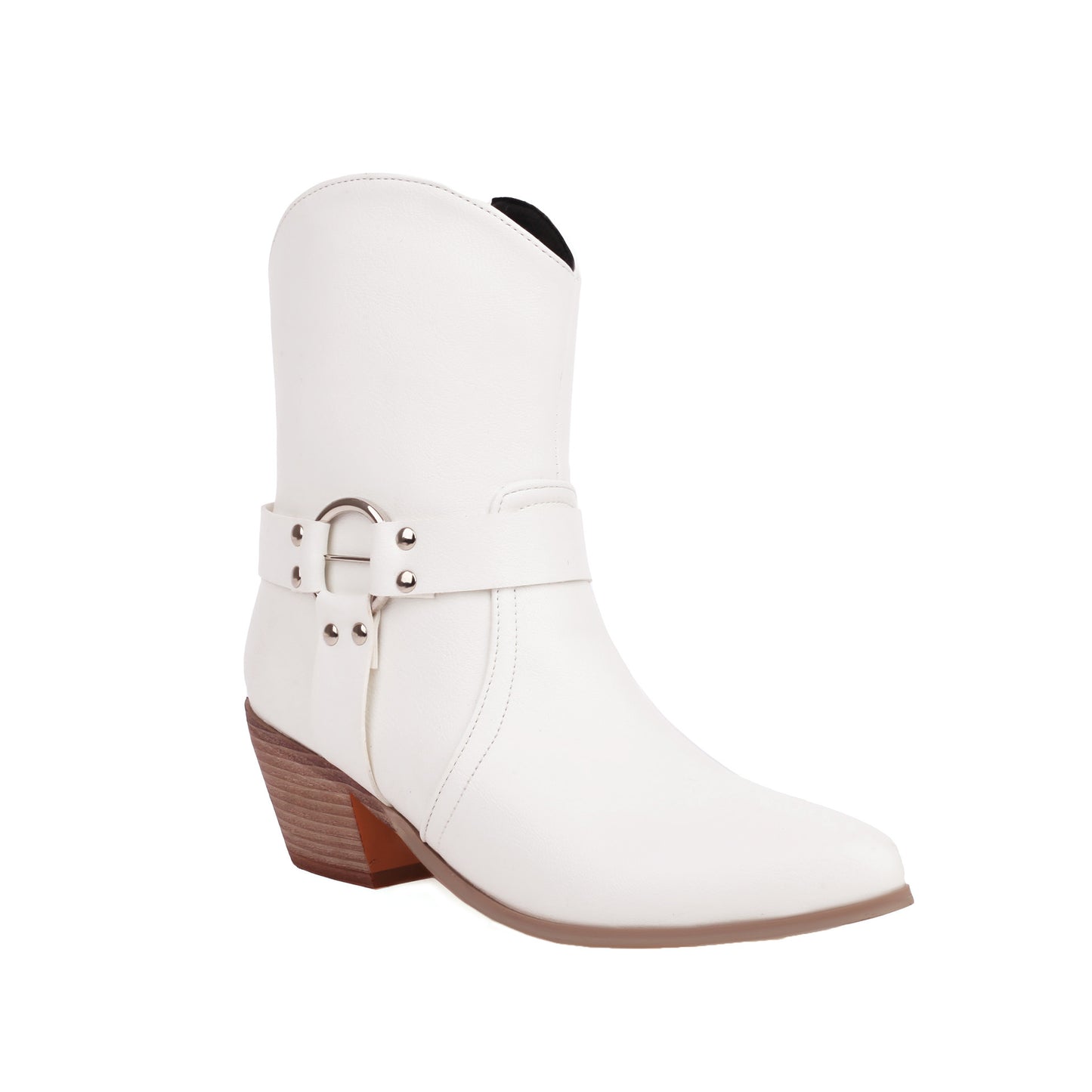 Belt Buckle Chunky Heel Martin Booties White
