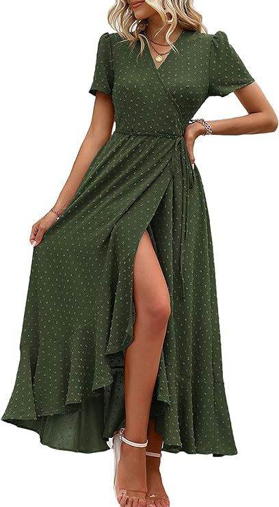Short Sleeve Pleated Slit Hemline At Hem Beach Dress Army Green