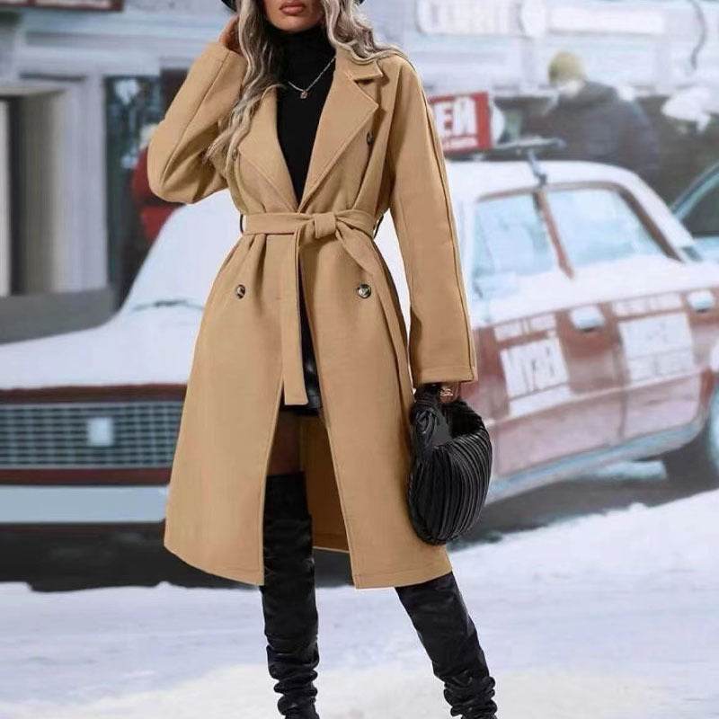 Lapel Double-breasted Trench Coat With Belt Winter Fashion Solid Color Long Jacket Outwear Women Clothing Khaki