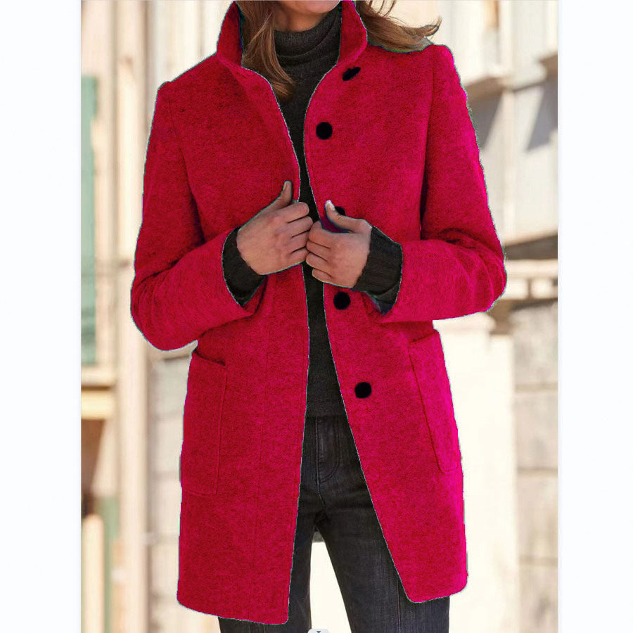 Fashion Stand Collar Woolen Coat With Pockets Fall Winter Casual Button Outwear For Women Clothing Red