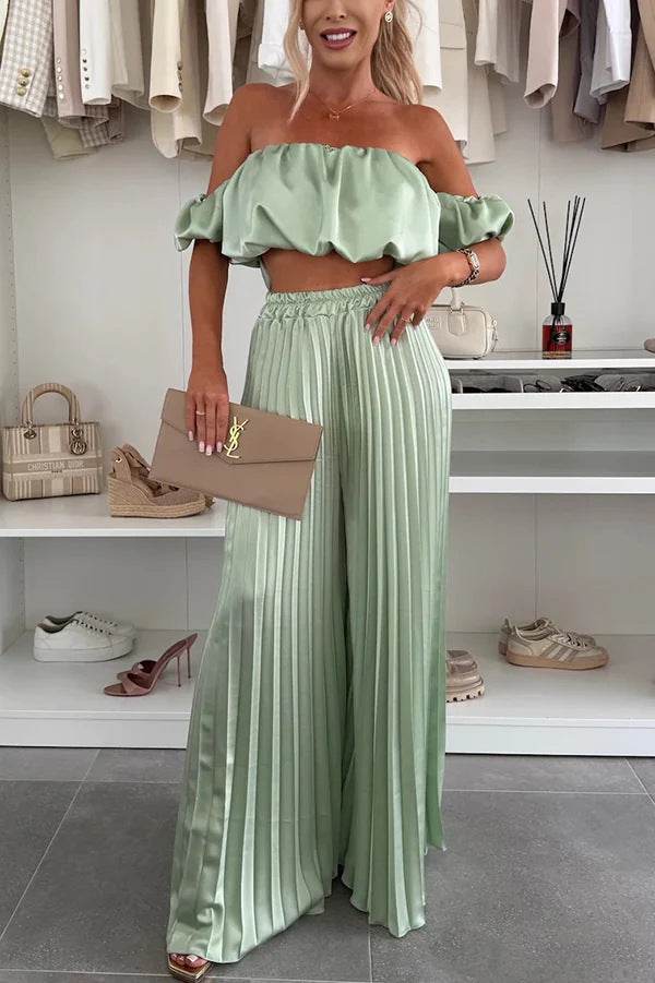 Women's Fashion Satin Tube Top Wide Leg Pants Suit Light Green