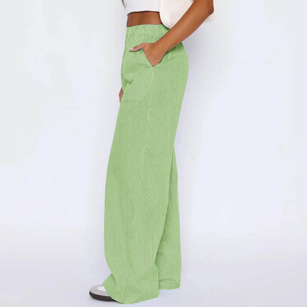 Striped Trousers With Pockets Ins Fashion Casual Wide Leg Straight Pants For Women Clothing Green