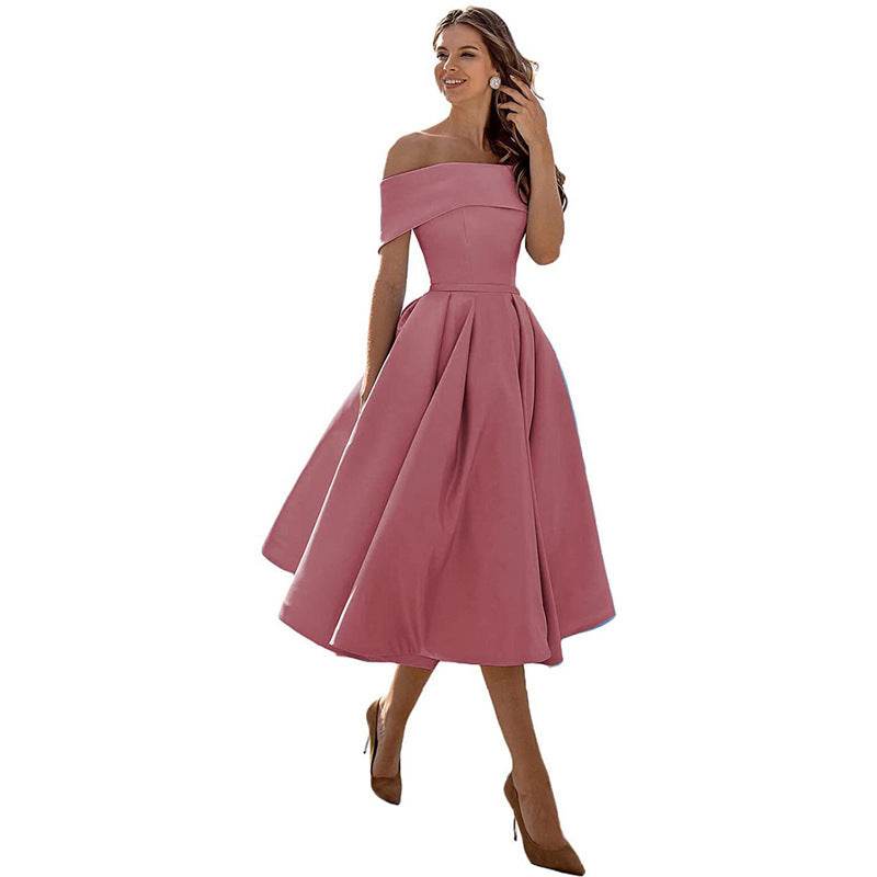 Women's Fashion Casual Strapless Satin Party Dress Off The Shoulder Tea Length Satin Prom Dresses With Pockts Formal Evening Party Dress Cameo Brown