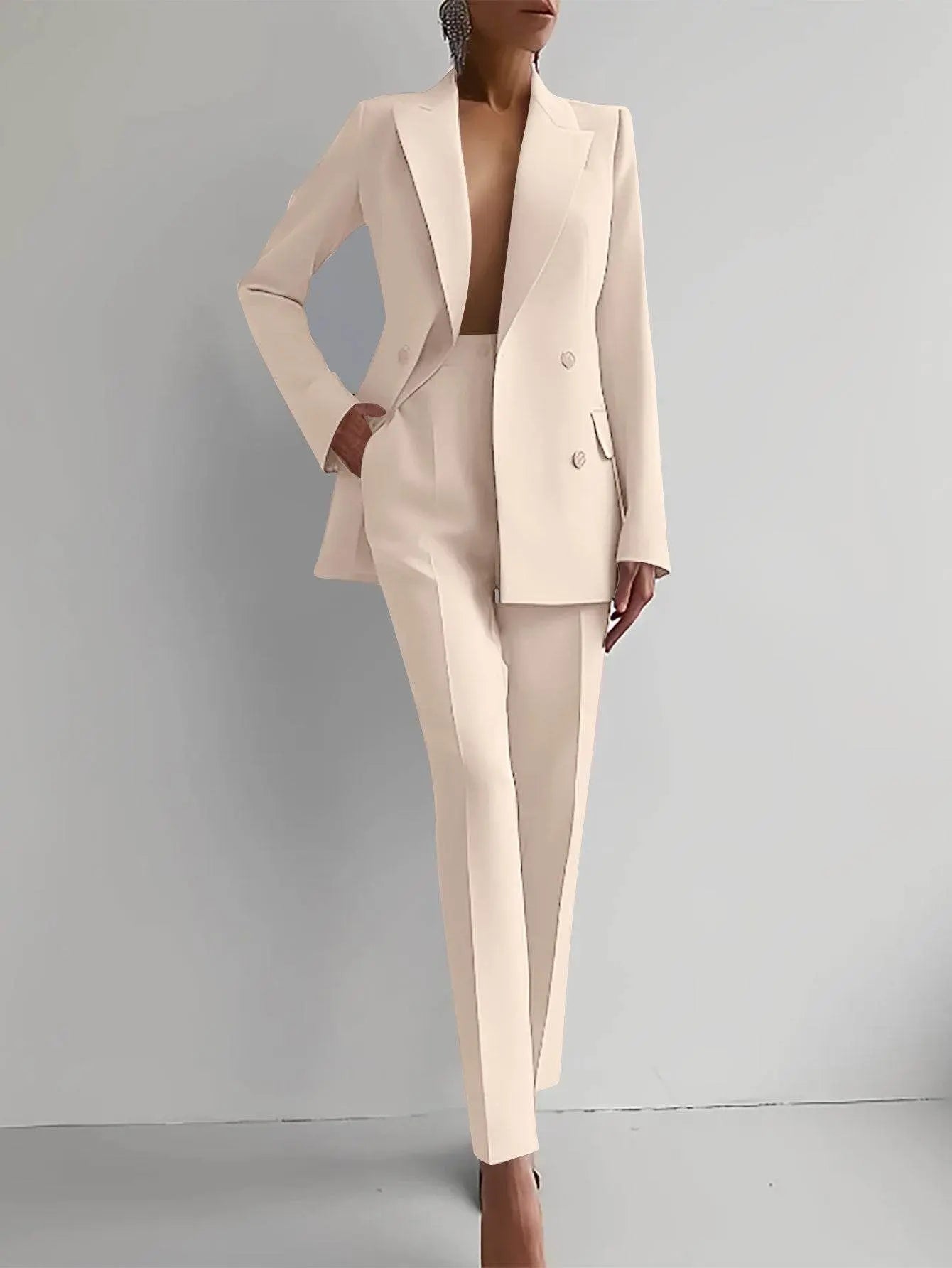 Casual Suits Fashion Long Sleeve Single-breasted Jacket Top And Slim Fit Trousers Women's Business Suits Apricot