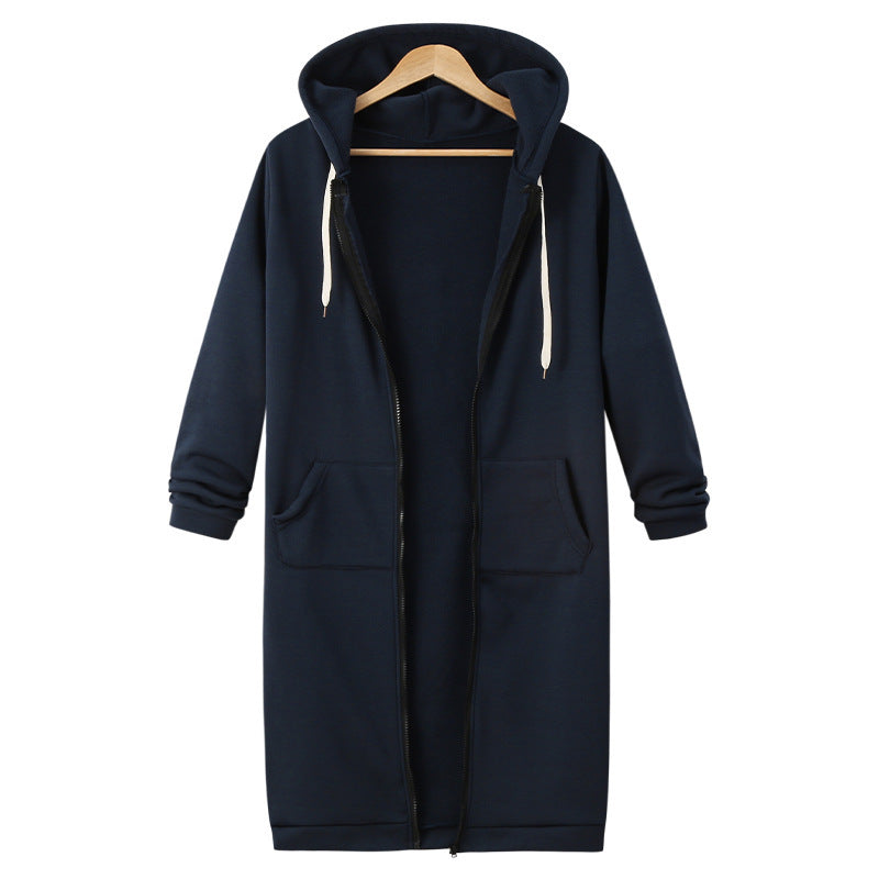 Hooded Long Sleeve Sweater Fleece Long Jacket Navy Blue