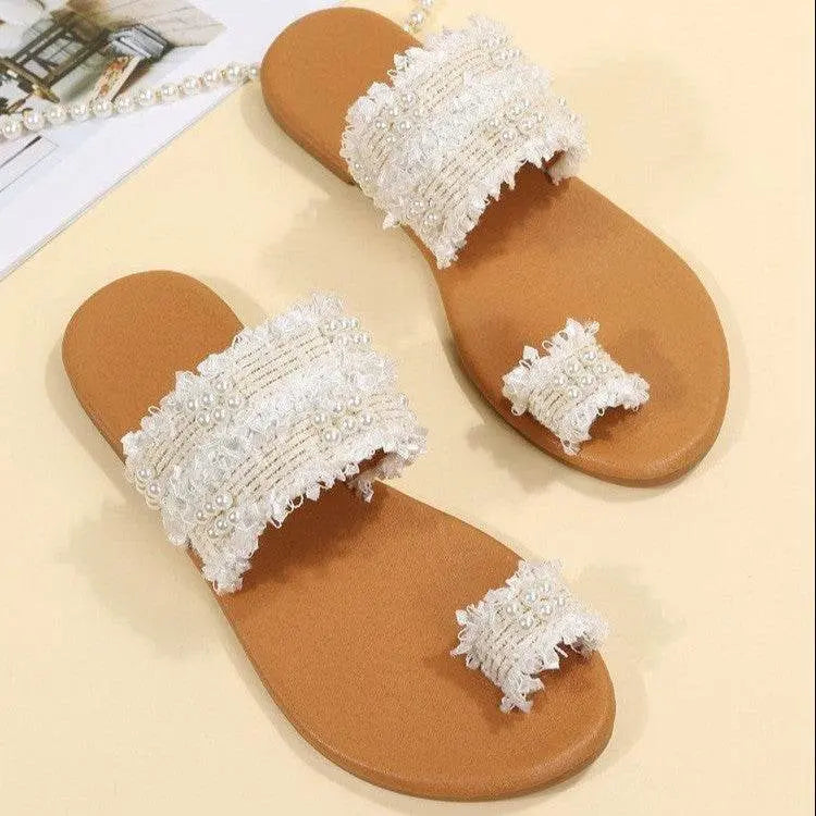 Women's Plus Size Bohemian Pearl Slippers White