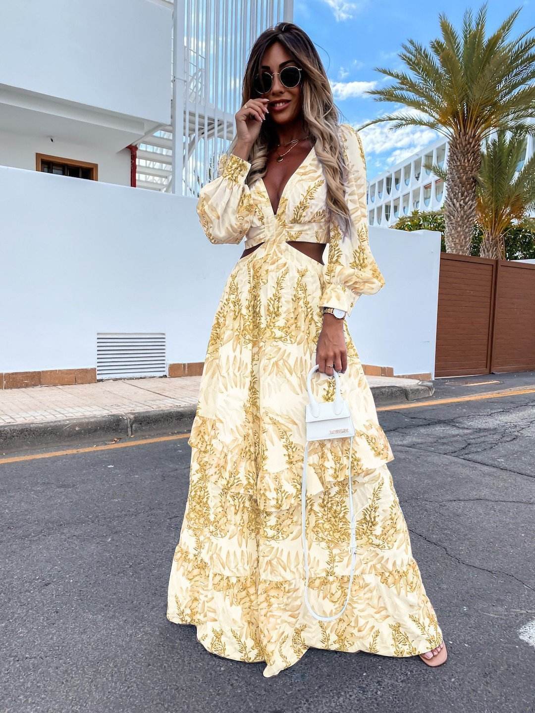 Elegant Women's Hollow Floor V-neck Long-sleeved Plant Dress Long Dresses Spring Summer Print V-neck Long Sleeve Dress Yellow