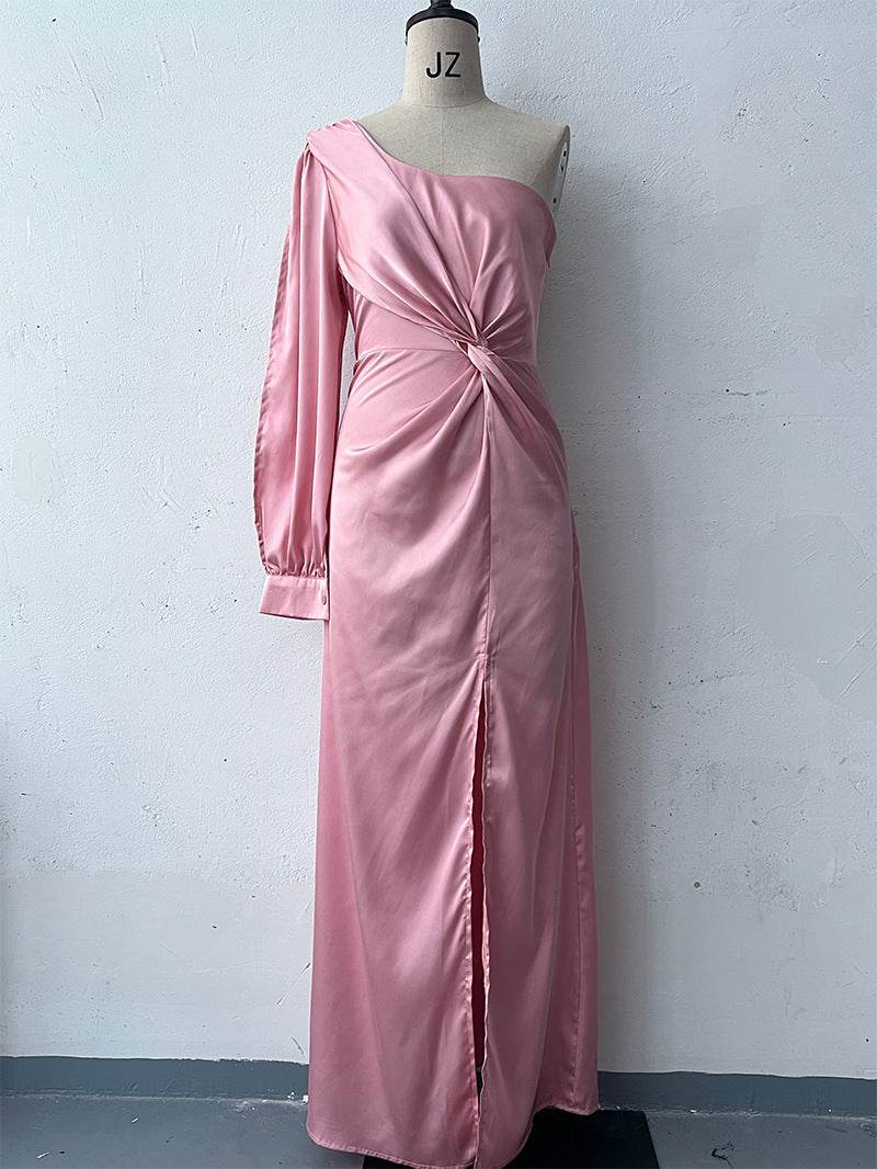 Women's One-shoulder Split Dress Ins Fashion Long-sleeved Slim Long Dresses Party Evening Clothing Pink