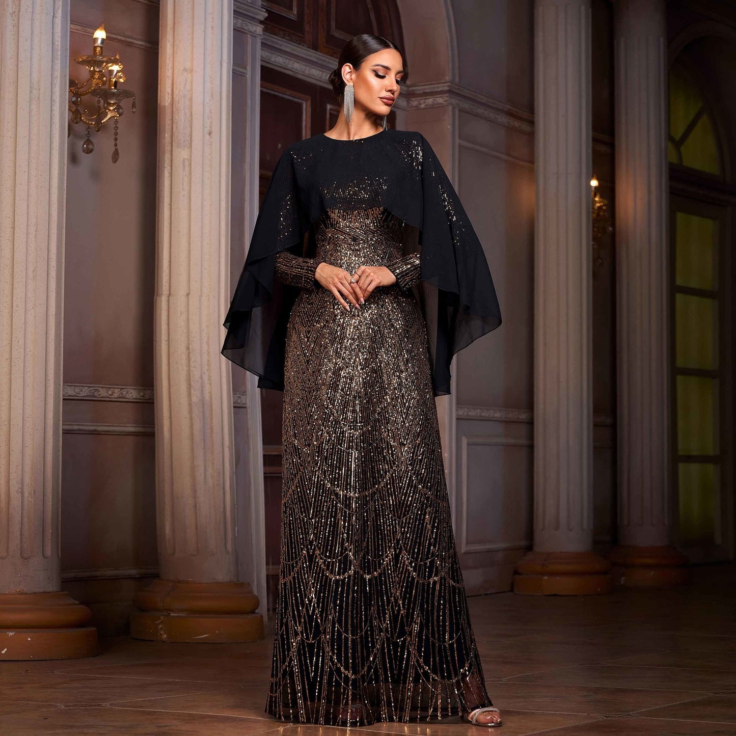 Elegant Long Sleeve Round Neck Shawl Banquet Sequined A- Line Evening Dress Black Gold