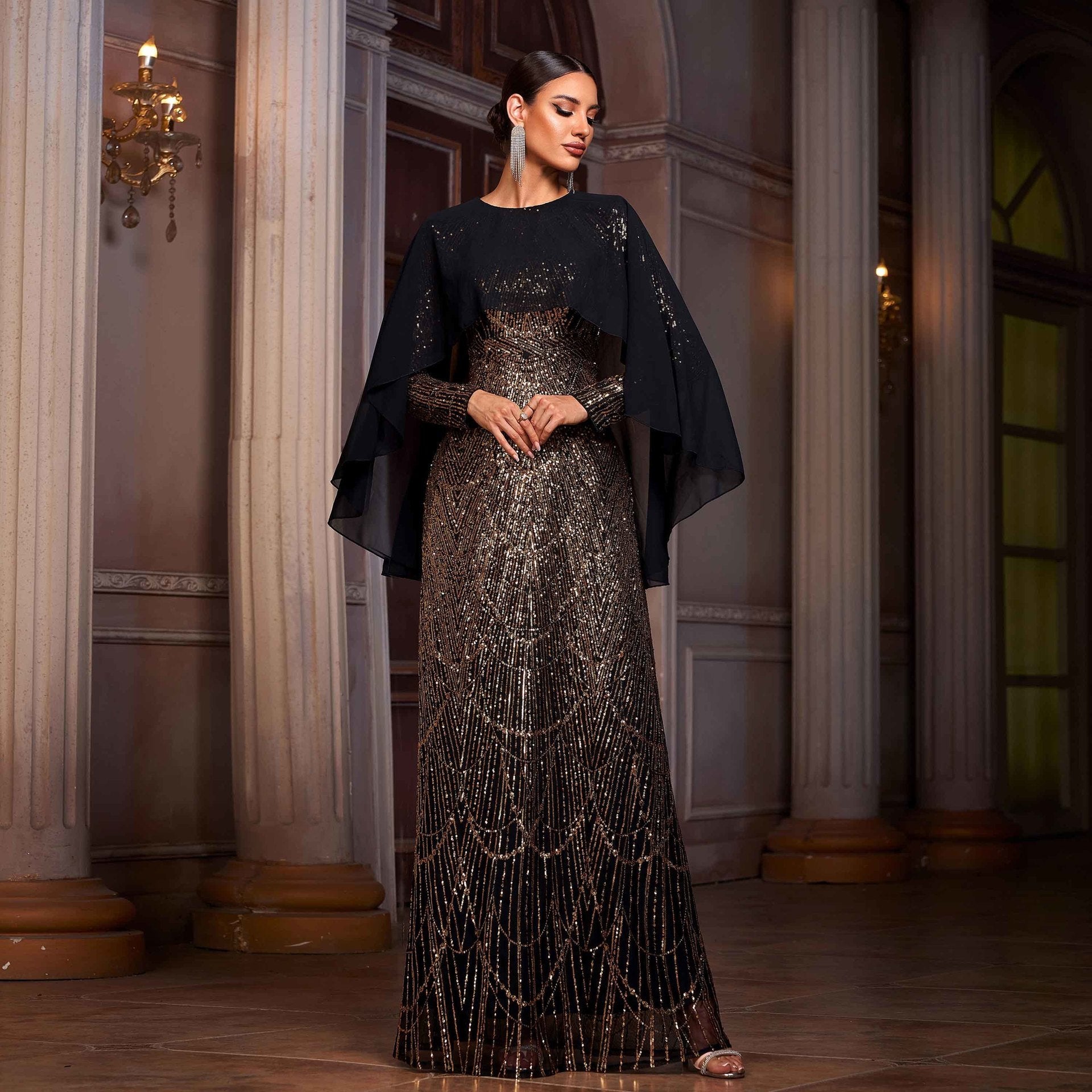 Elegant Long Sleeve Round Neck Shawl Banquet Sequined A- Line Evening Dress Black Gold