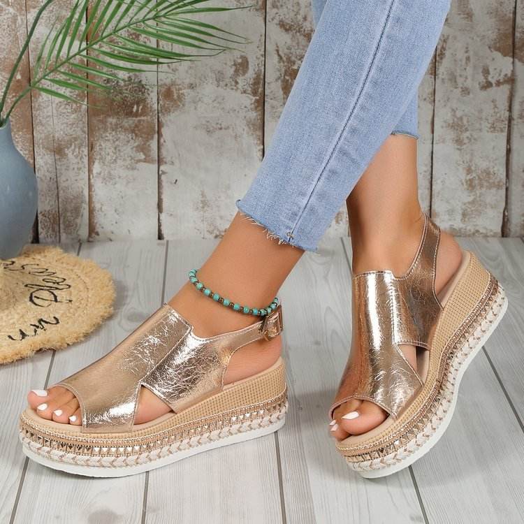Summer Shiny Sandals Hollow Design Fish Mouth Sandal For Women Fashion Buckle Wedges Shoes Gold