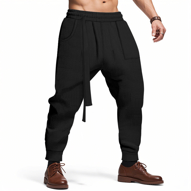 Men's Casual Pants Solid Waffle Male Hip Hop Streetwear Track Pants Joggers Trousers Fashion Harajuku Men Pants Black