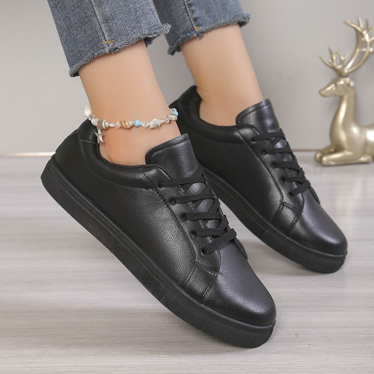 Lace-up White Shoes Women's Flat Leather Surface Sneakers