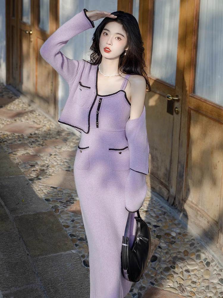High-grade Pure Desire Style Purple Sweater With Suspenders Cardigan Two-piece Set Purple