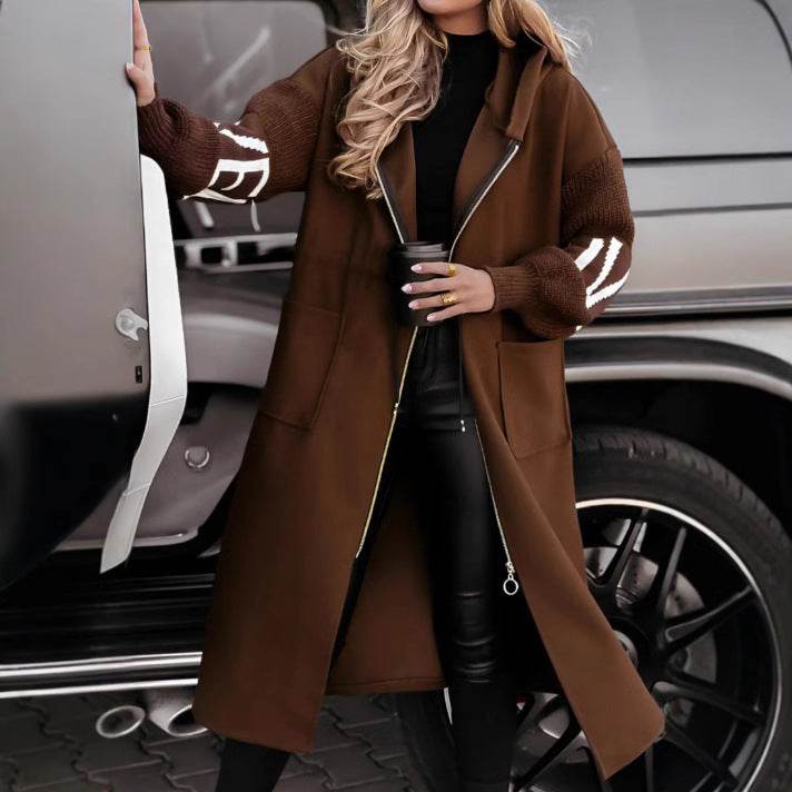 Hooded Windbreaker Long Jacket With Pockets And Drawstring Design Solid Color Knit-Sleeved Trench Coat For Women Clothing Fall Winter Brown