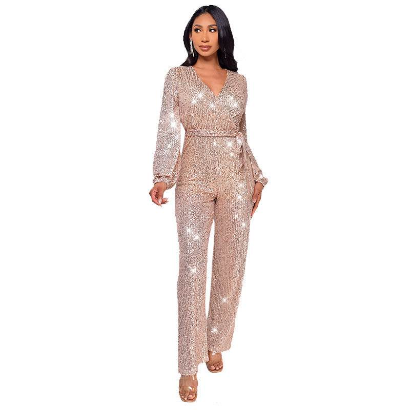 High Waist Wide Leg Sequined Belt Jumpsuit Champagne
