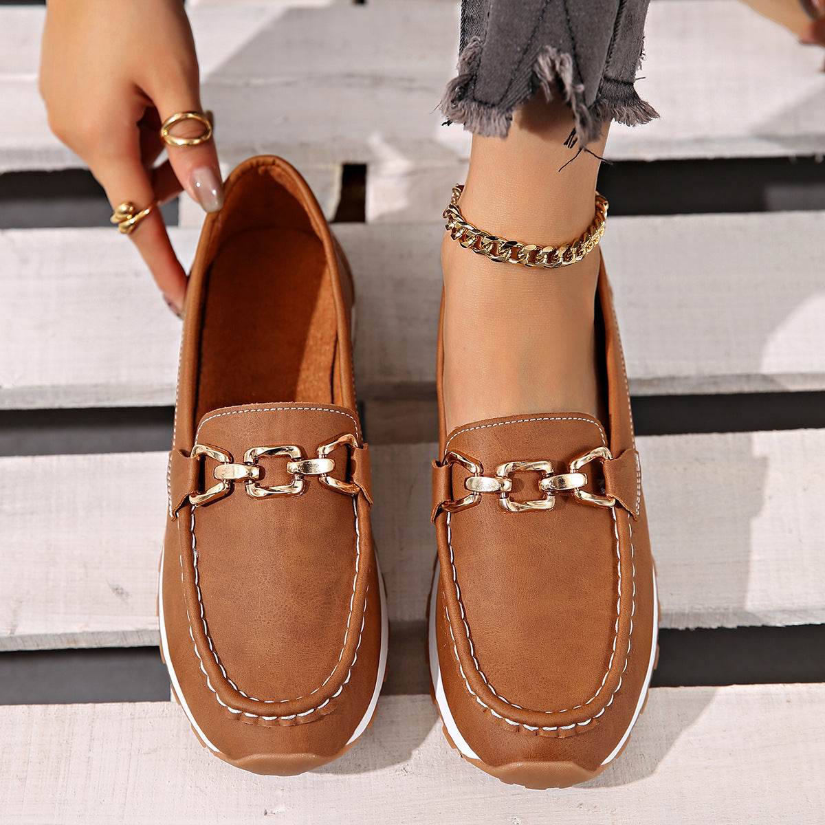 Oversized Shoes Female Metal Chain Flat Platform Casual Loafers Brown